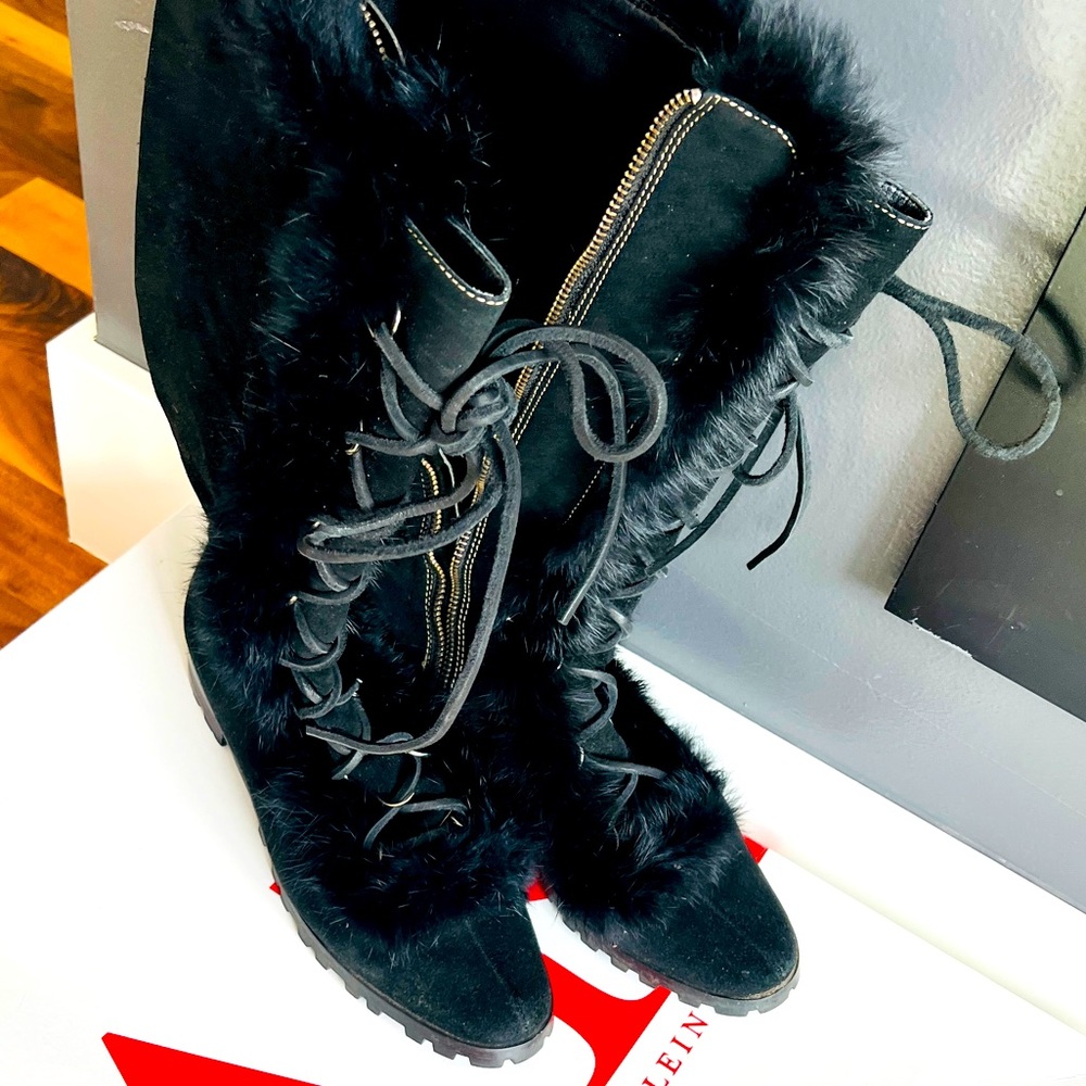 CALVIN KLEIN FUR AND SUEDE WOMEN'S BLACK LACE UP BOOTS 7 7 1/2
